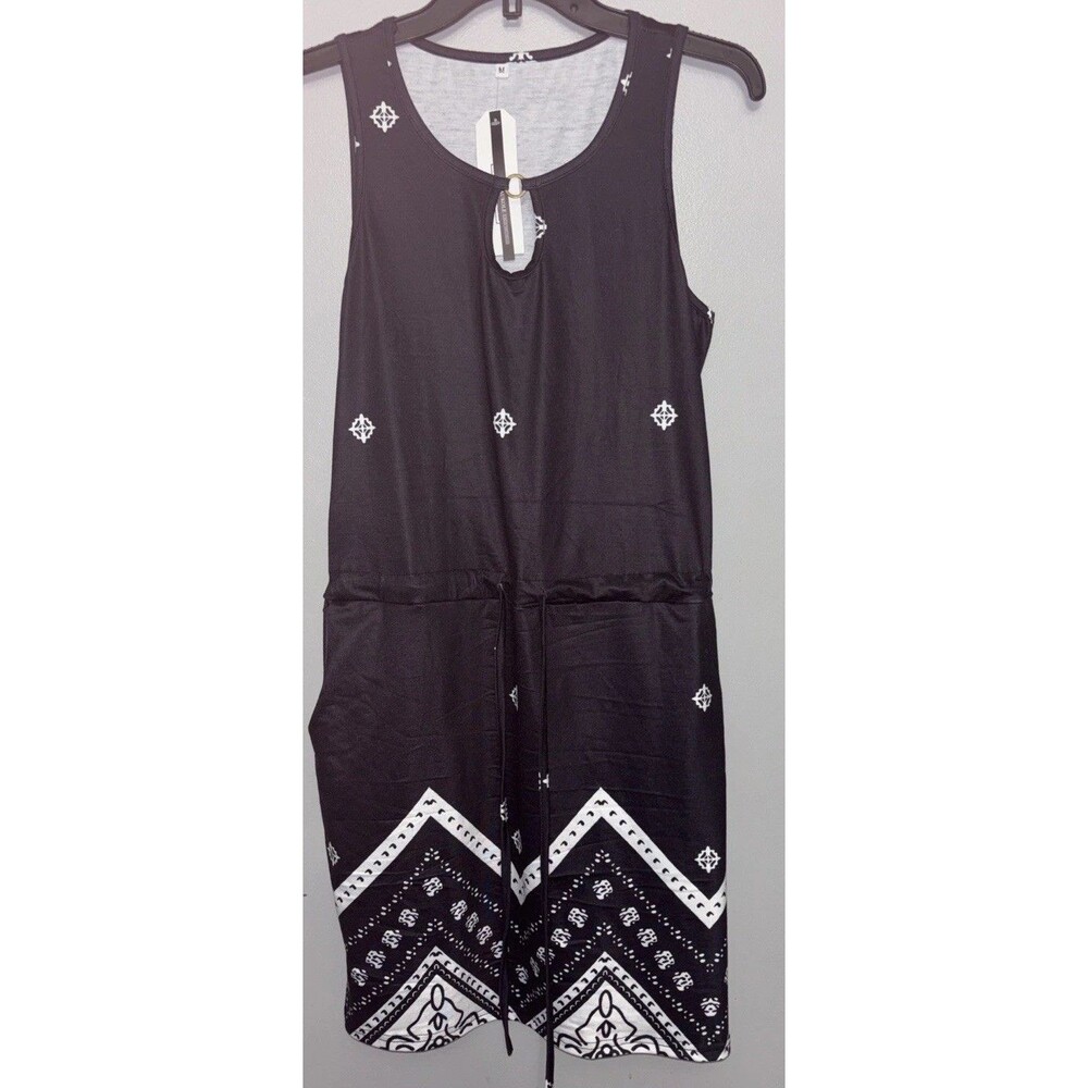 New Saukole Womens Med Black Sleeveless Dress With String Waist , Pockets .